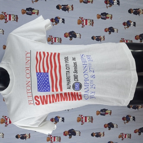Vintage 1991 Fulton County Swim Championship Flag logo graphic white LG t-shirt - Picture 2 of 5